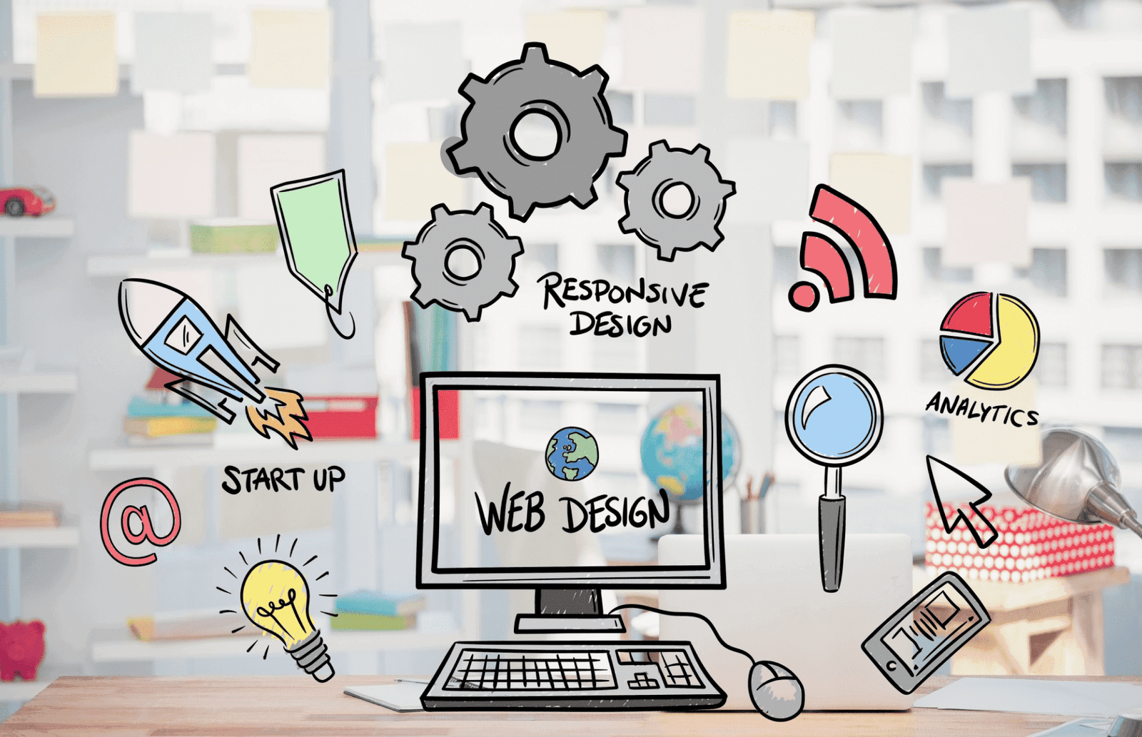 Illustration of web design concepts including responsive design,