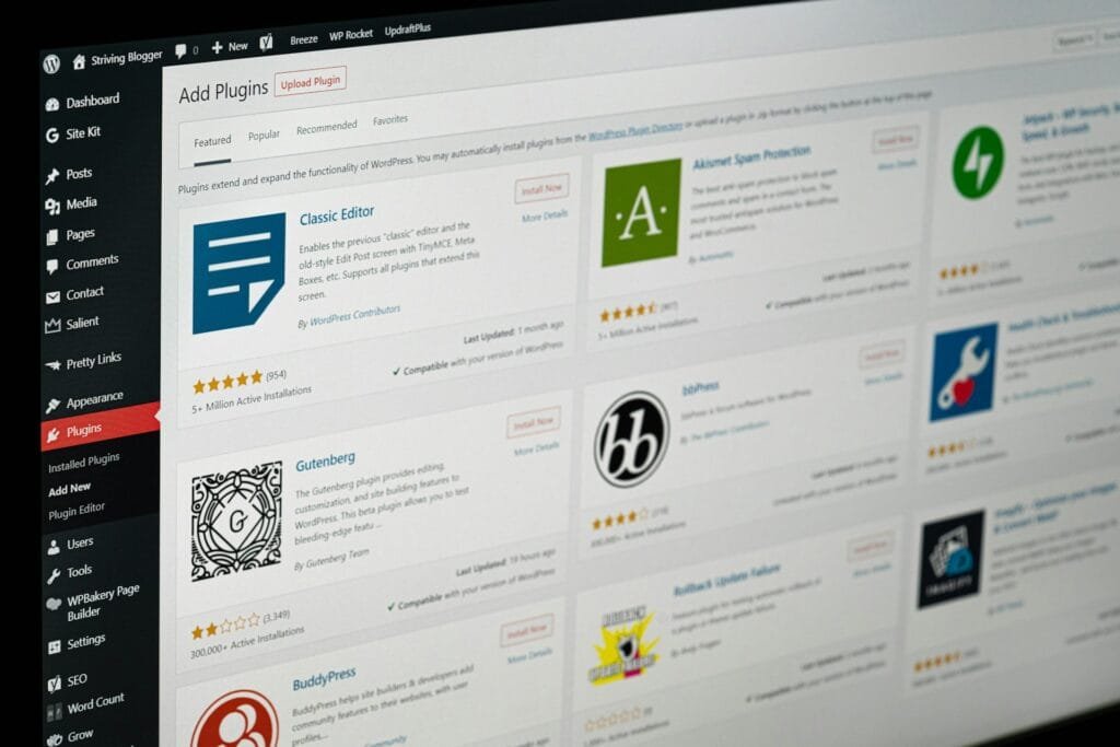 Wordpress dashboard showing different plugins and admin panel.